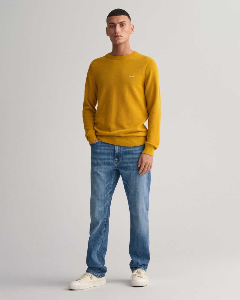 Gant Cotton Piqué Crew Neck Men's Sweater Dark Mustard Yellow | NQEWC-9836