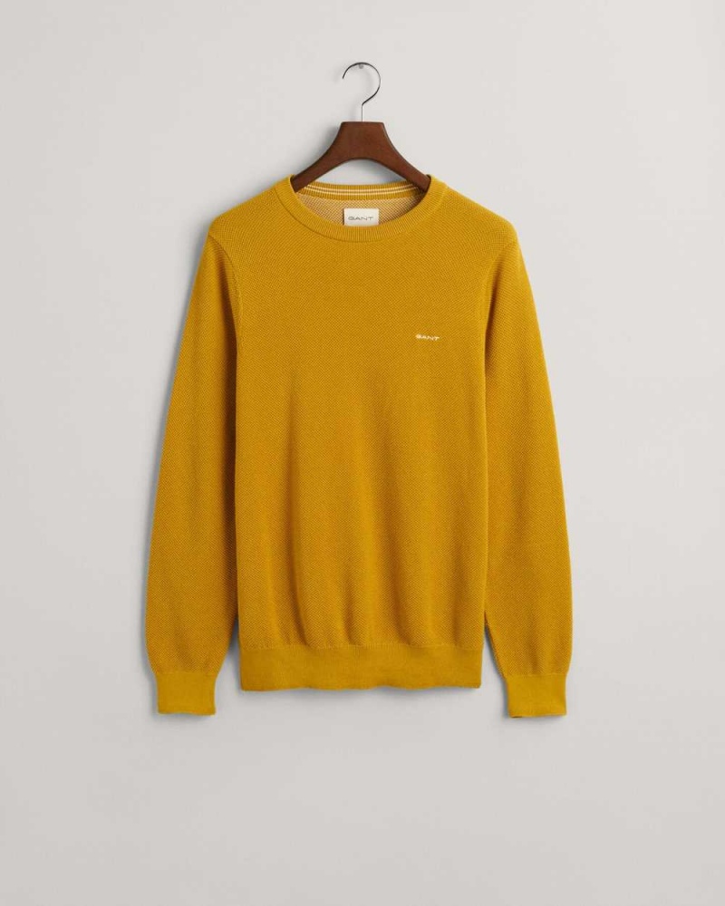 Gant Cotton Piqué Crew Neck Men's Sweater Dark Mustard Yellow | NQEWC-9836