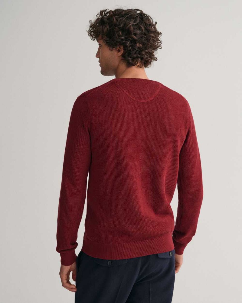 Gant Cotton Piqué Crew Neck Men's Sweater Plumped Red | BPZJX-6390