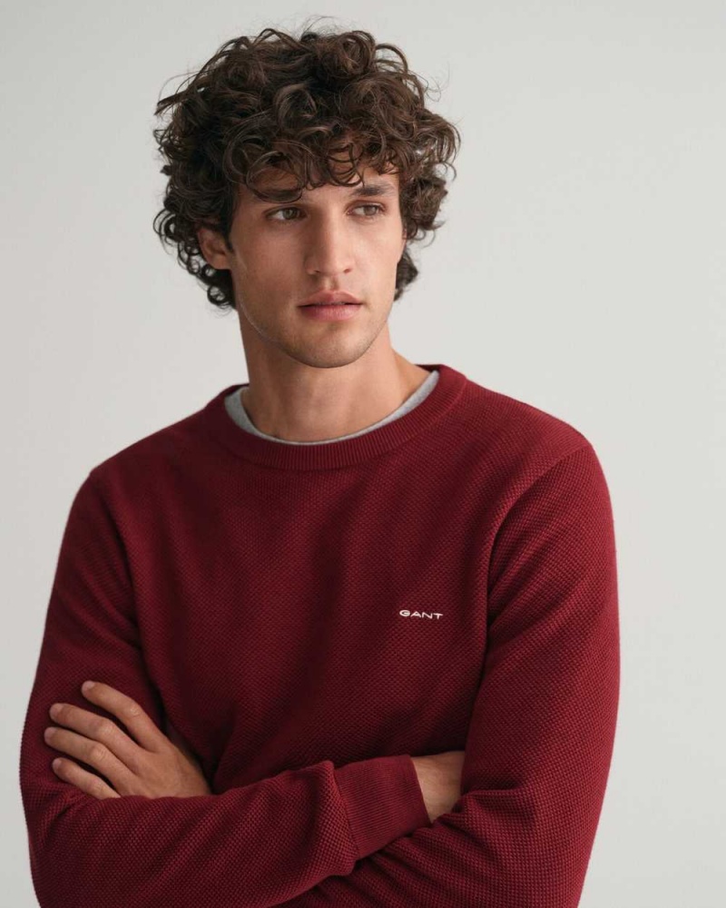 Gant Cotton Piqué Crew Neck Men's Sweater Plumped Red | BPZJX-6390