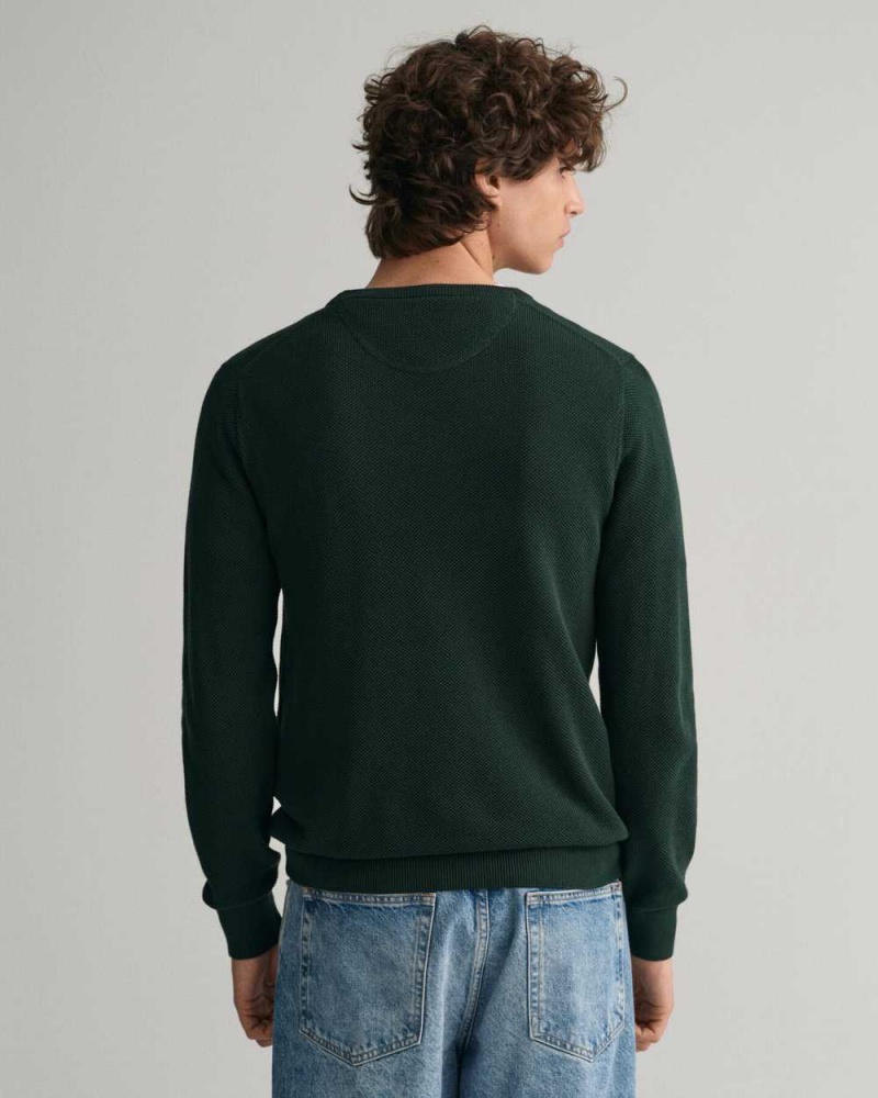 Gant Cotton Piqué Crew Neck Men's Sweater Tartan Green | QLDXZ-7643