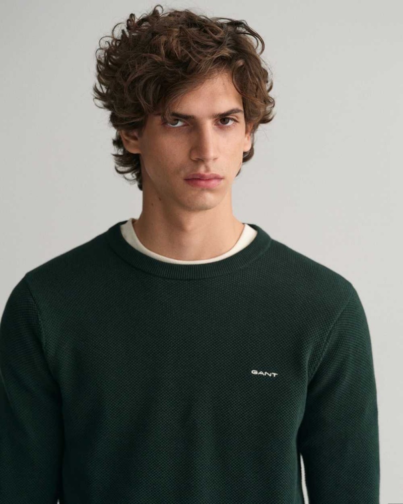 Gant Cotton Piqué Crew Neck Men's Sweater Tartan Green | QLDXZ-7643