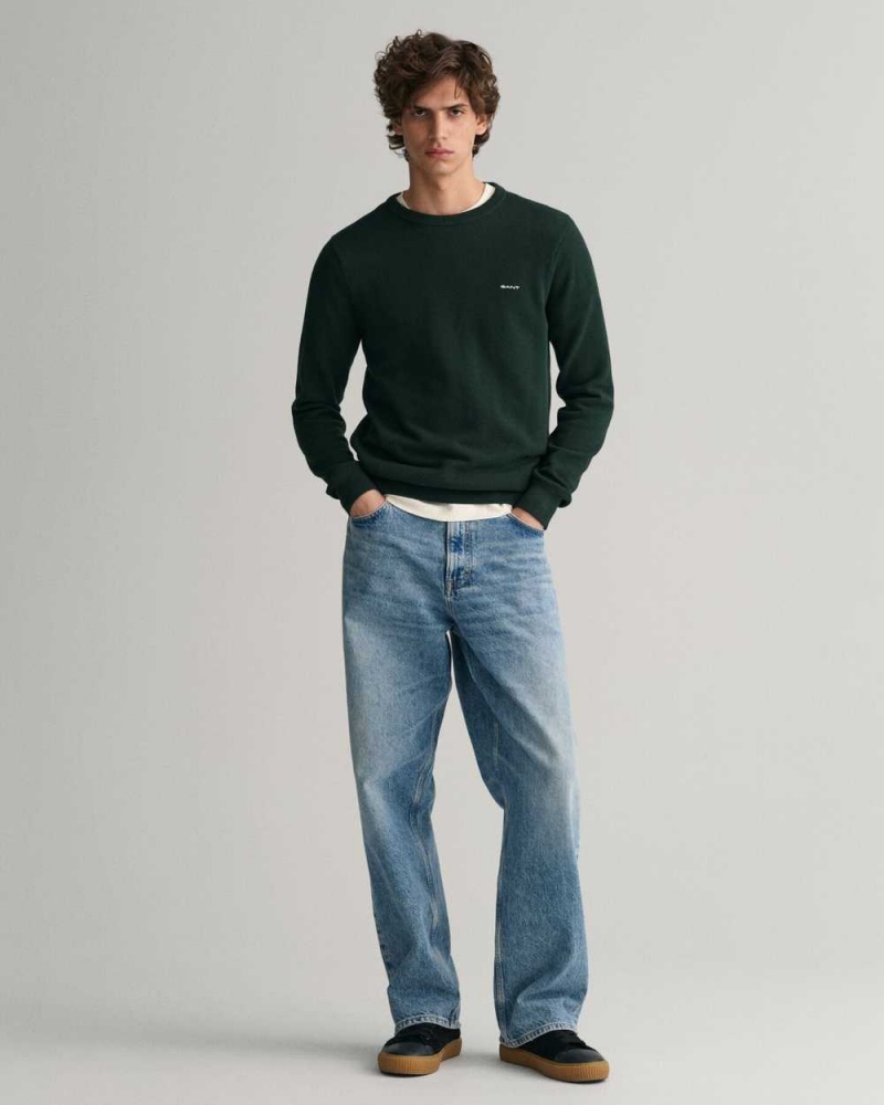 Gant Cotton Piqué Crew Neck Men's Sweater Tartan Green | QLDXZ-7643