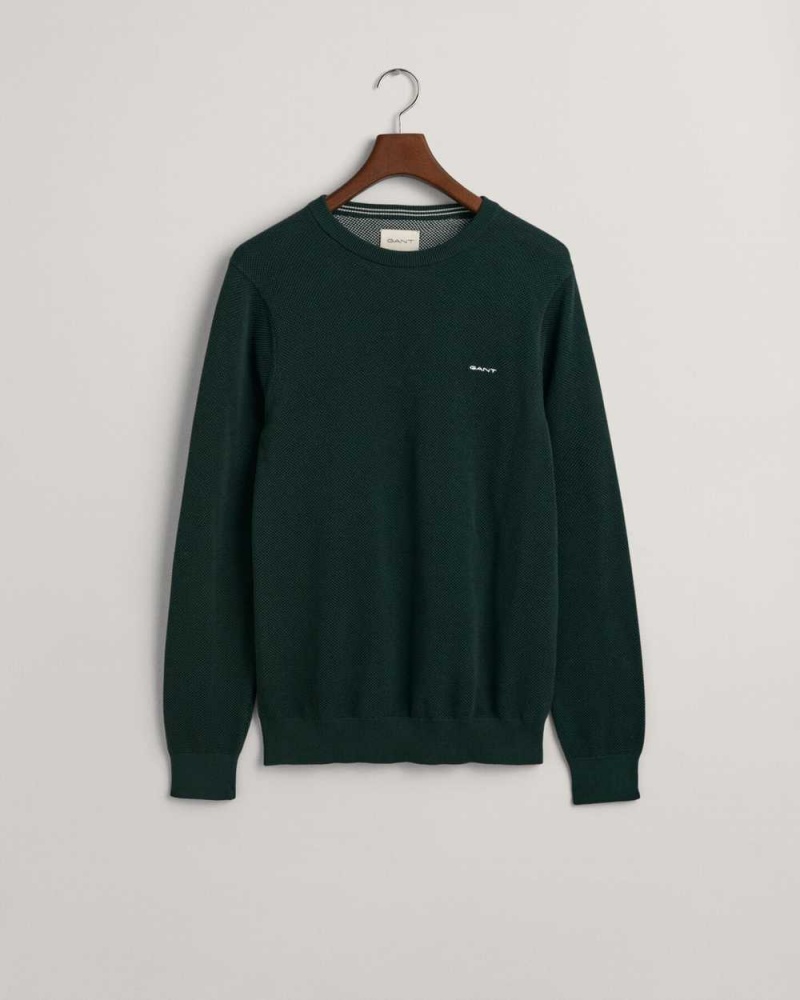 Gant Cotton Piqué Crew Neck Men's Sweater Tartan Green | QLDXZ-7643