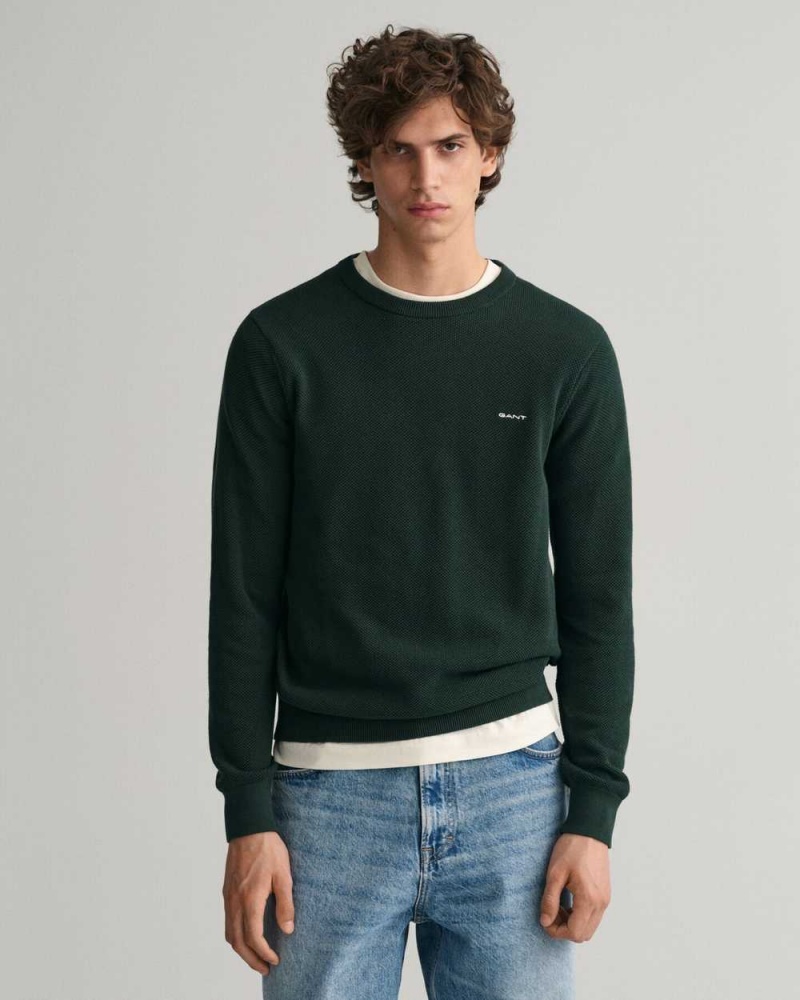 Gant Cotton Piqué Crew Neck Men\'s Sweater Tartan Green | QLDXZ-7643