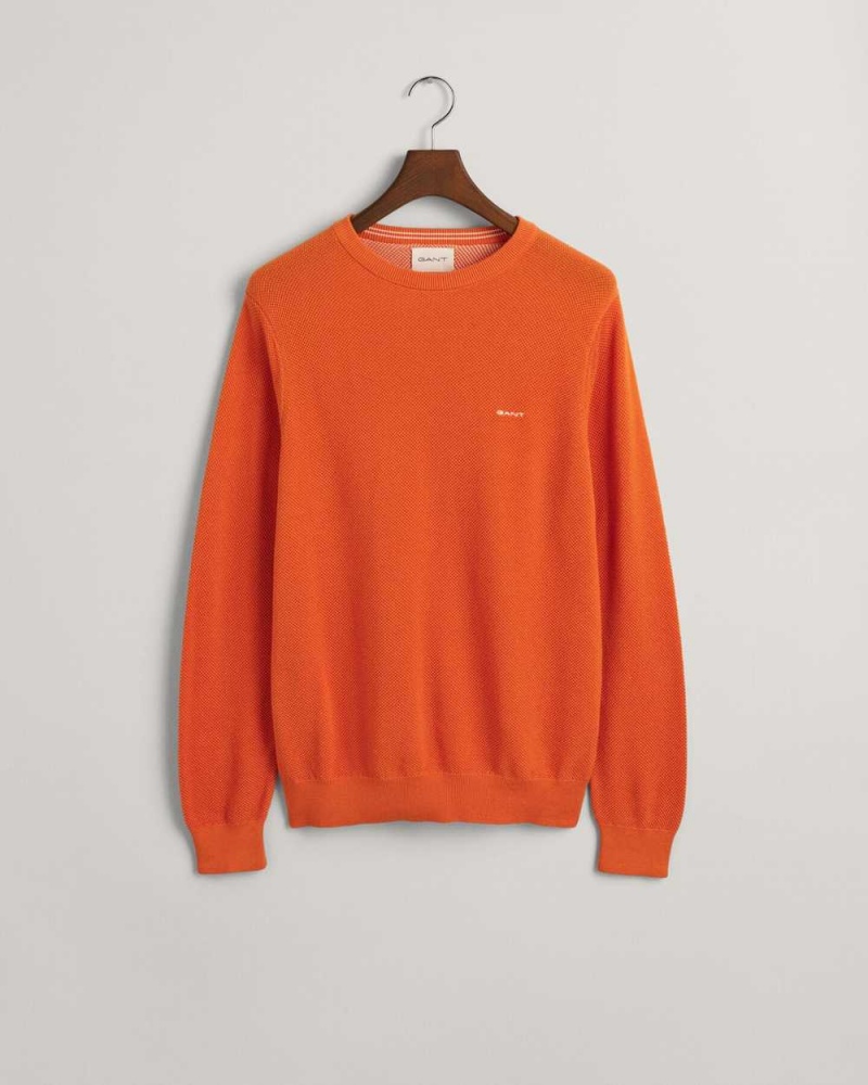 Gant Cotton Piqué Crew Neck Men\'s Sweater Deep Apricot | AQNXM-9814