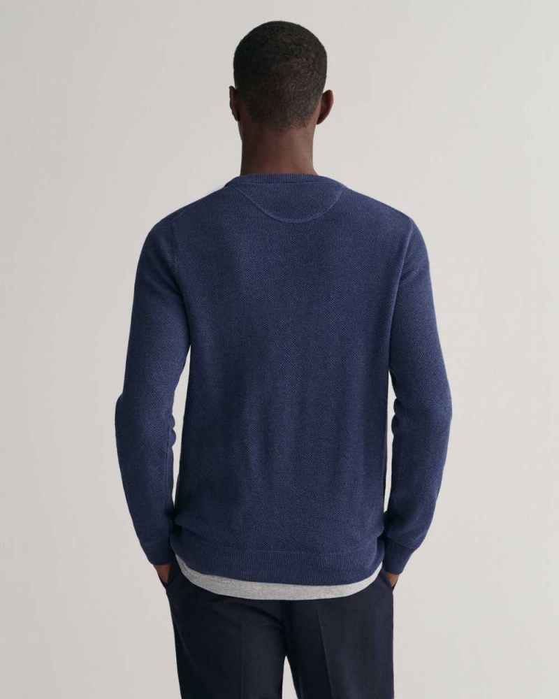 Gant Cotton Piqué Crew Neck Men's Sweater Marine Melange | HPZSY-0358