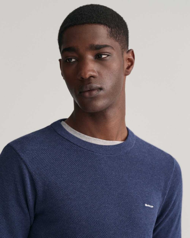 Gant Cotton Piqué Crew Neck Men's Sweater Marine Melange | HPZSY-0358