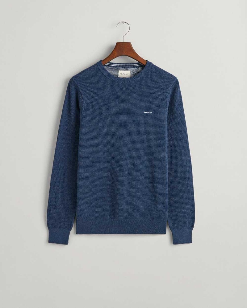 Gant Cotton Piqué Crew Neck Men's Sweater Marine Melange | HPZSY-0358