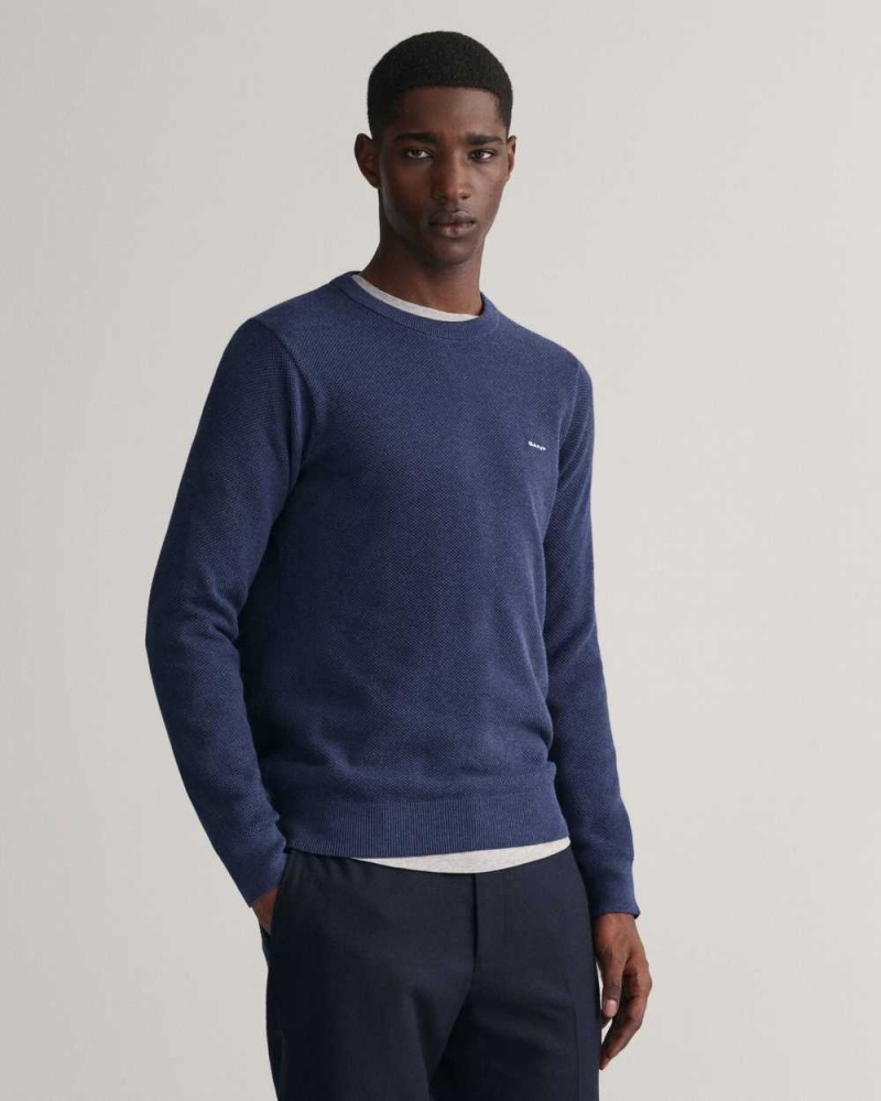 Gant Cotton Piqué Crew Neck Men\'s Sweater Marine Melange | HPZSY-0358