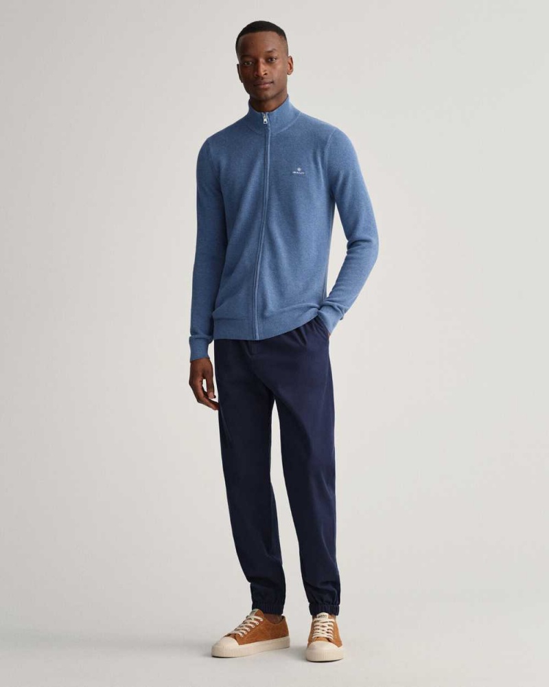 Gant Cotton Piqué Half-Zip Men's Cardigan Denim Blue Melange | AGKLC-1509