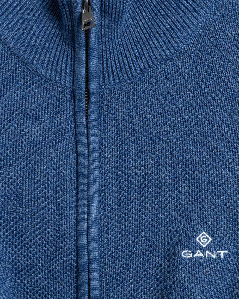 Gant Cotton Piqué Half-Zip Men's Cardigan Denim Blue Melange | AGKLC-1509