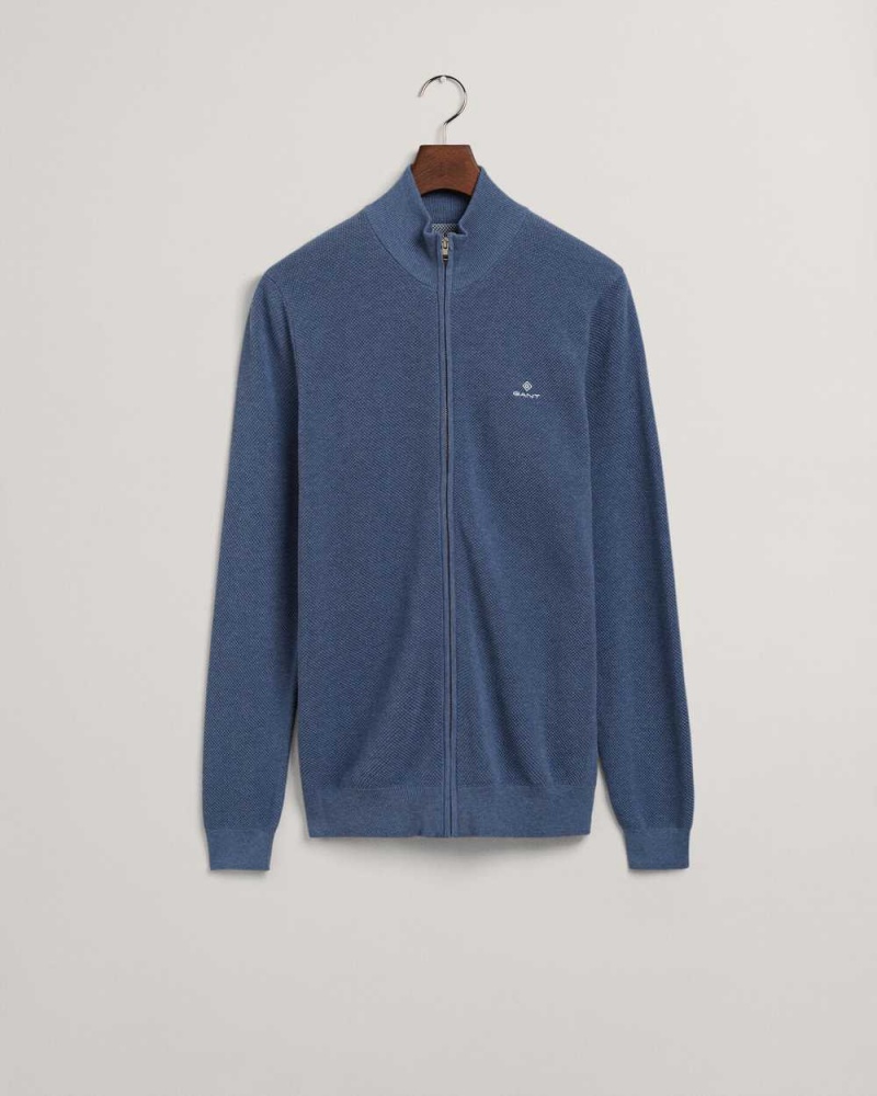 Gant Cotton Piqué Half-Zip Men's Cardigan Denim Blue Melange | AGKLC-1509