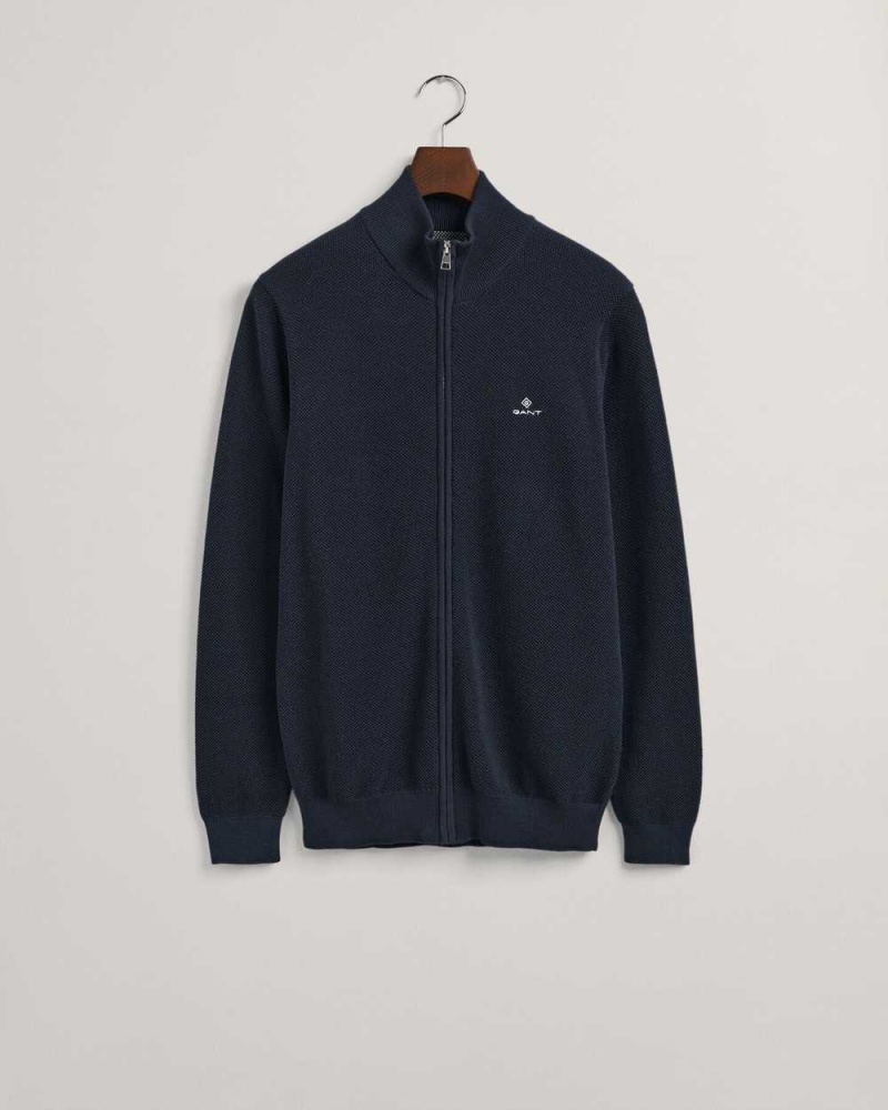 Gant Cotton Piqué Half-Zip Men's Cardigan Evening Blue | HNPGX-5186