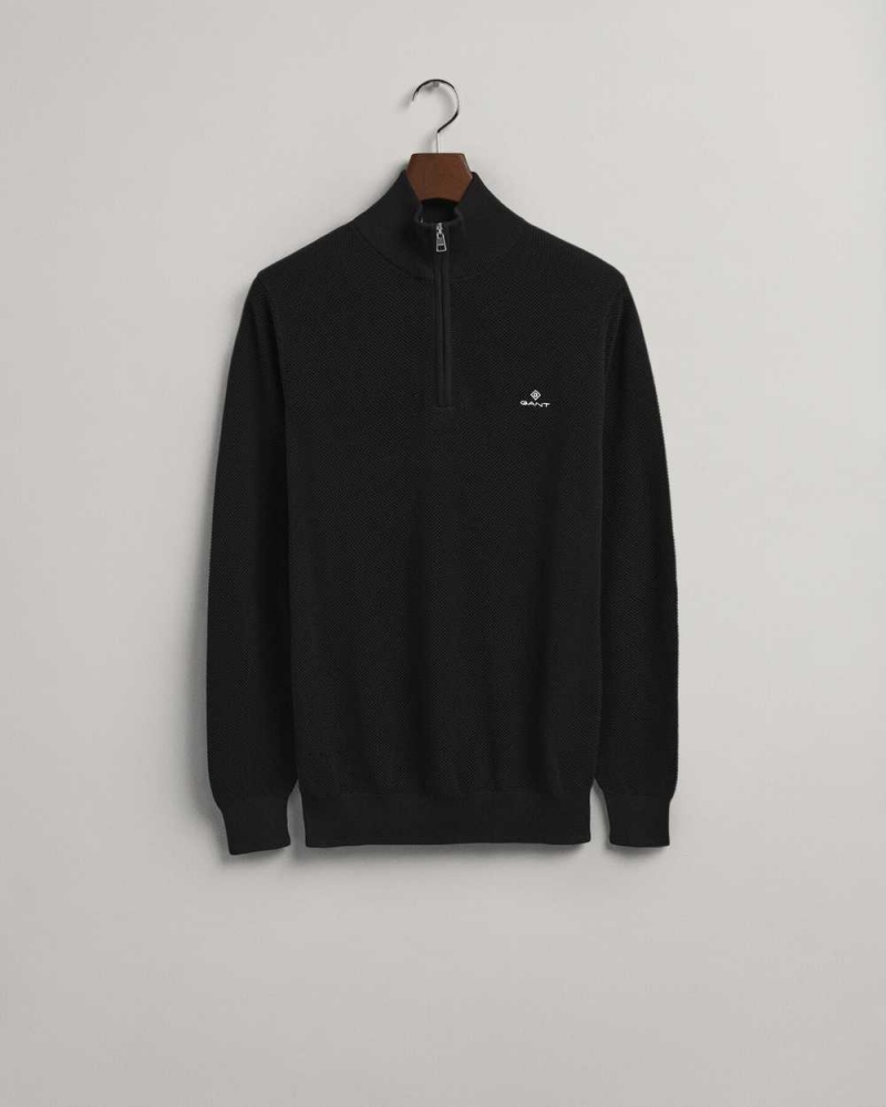 Gant Cotton Piqué Half-Zip Men's Sweater Black | QUPAC-8021