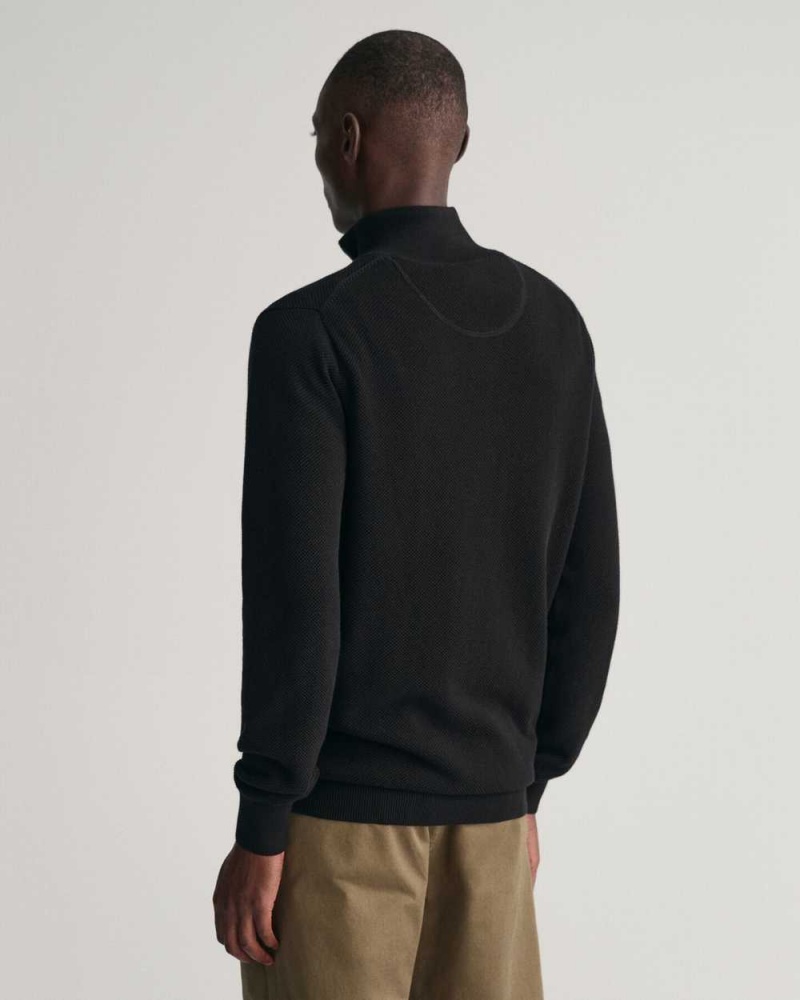 Gant Cotton Piqué Half-Zip Men's Sweater Black | BMAHE-9760