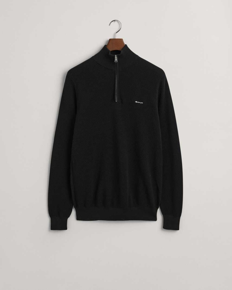 Gant Cotton Piqué Half-Zip Men's Sweater Black | BMAHE-9760