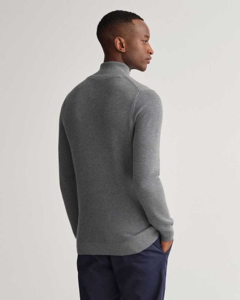 Gant Cotton Piqué Half-Zip Men's Sweater Dark Grey Melange | NWHVO-0793