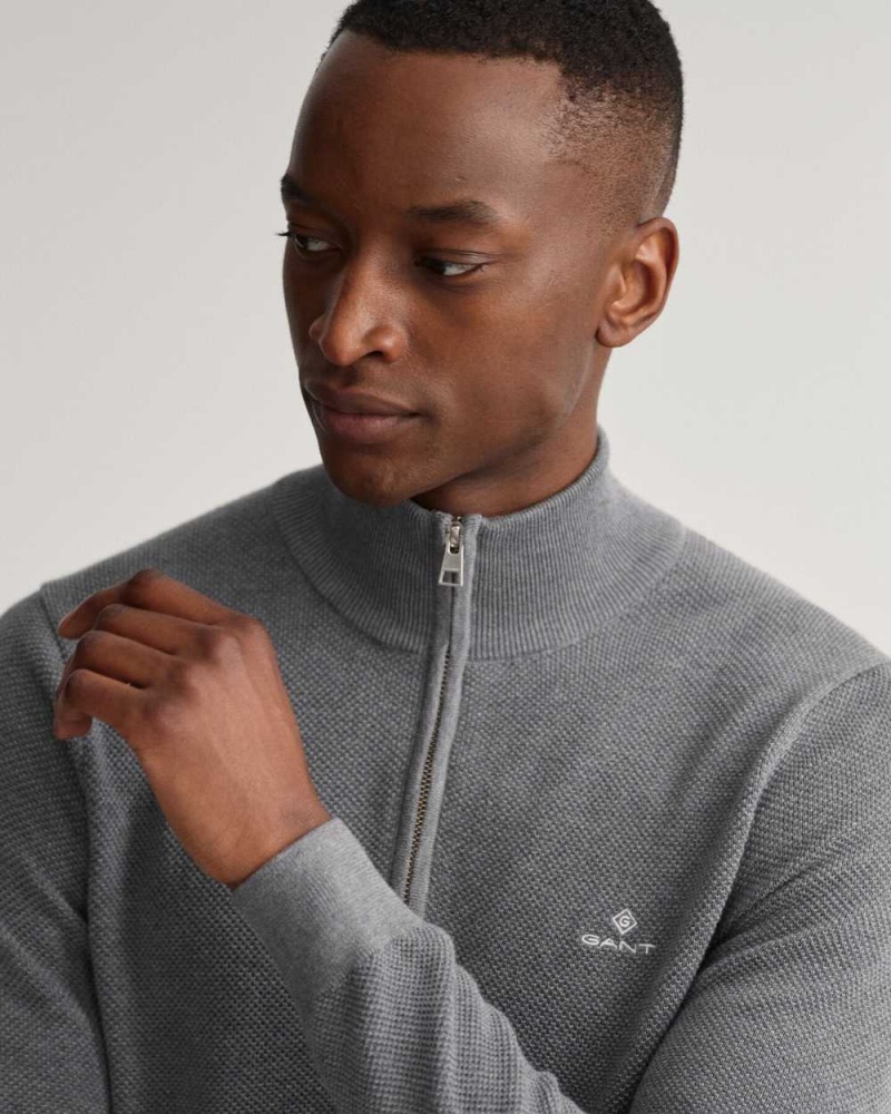 Gant Cotton Piqué Half-Zip Men's Sweater Dark Grey Melange | NWHVO-0793