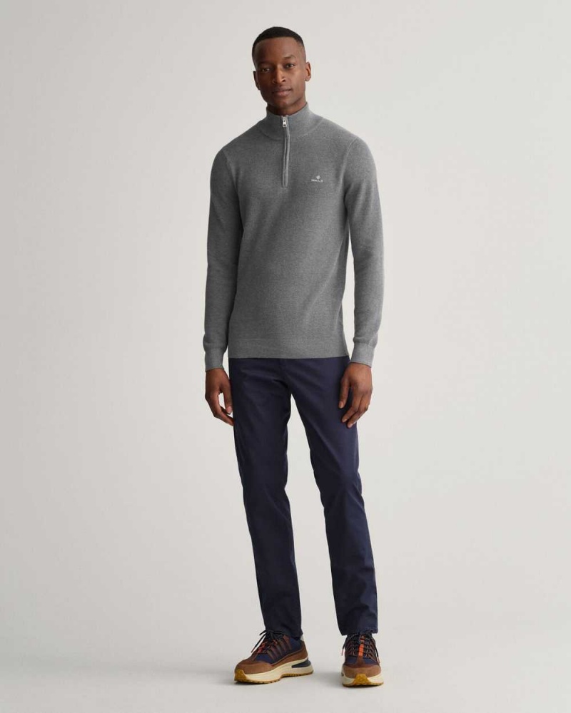 Gant Cotton Piqué Half-Zip Men's Sweater Dark Grey Melange | NWHVO-0793