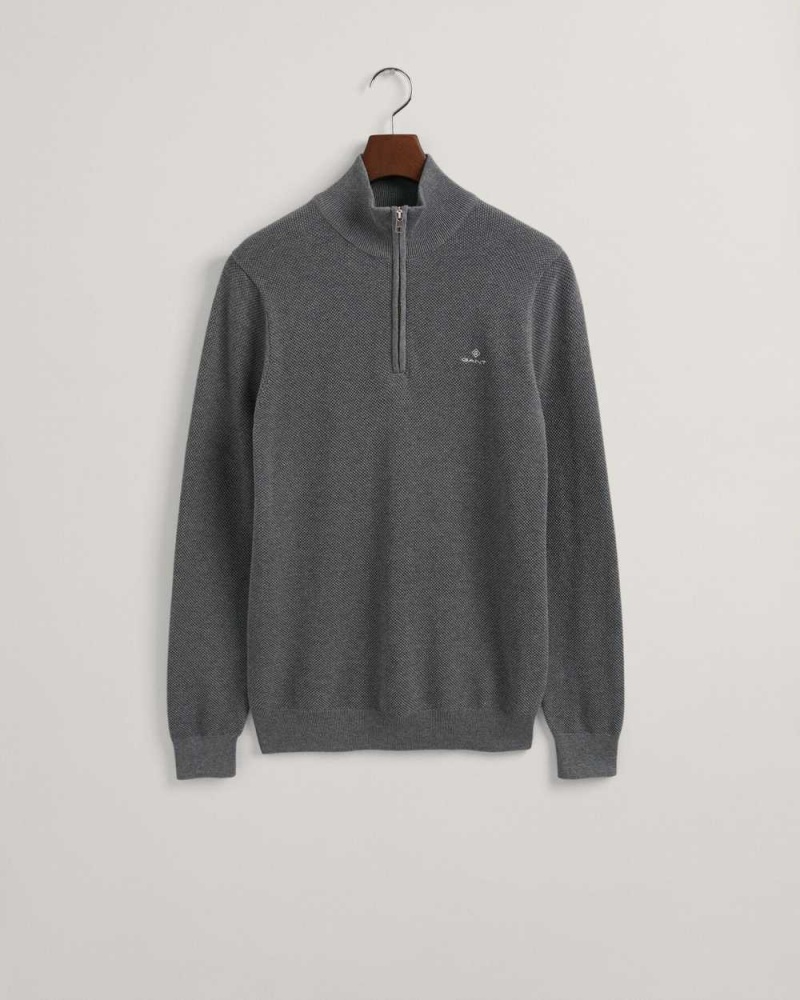 Gant Cotton Piqué Half-Zip Men's Sweater Dark Grey Melange | NWHVO-0793