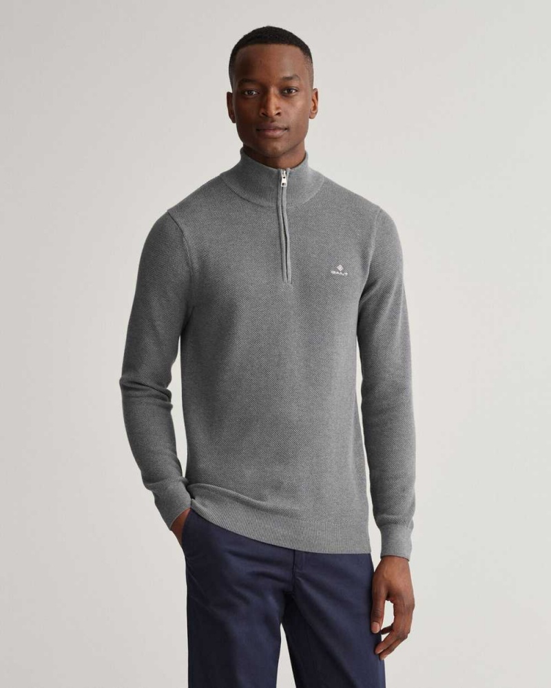 Gant Cotton Piqué Half-Zip Men\'s Sweater Dark Grey Melange | NWHVO-0793