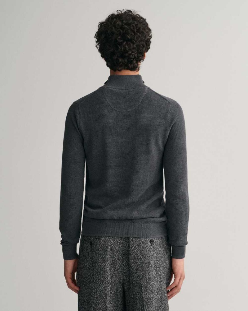 Gant Cotton Piqué Half-Zip Men's Sweater Dark Grey | IVMUY-3401