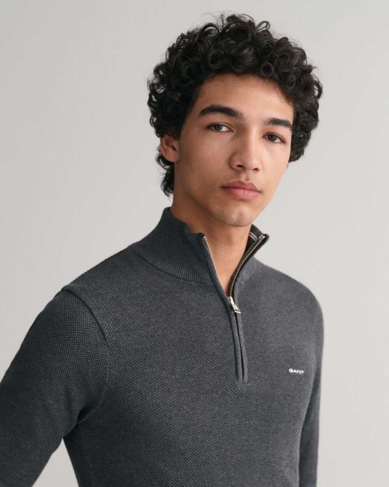 Gant Cotton Piqué Half-Zip Men's Sweater Dark Grey | IVMUY-3401