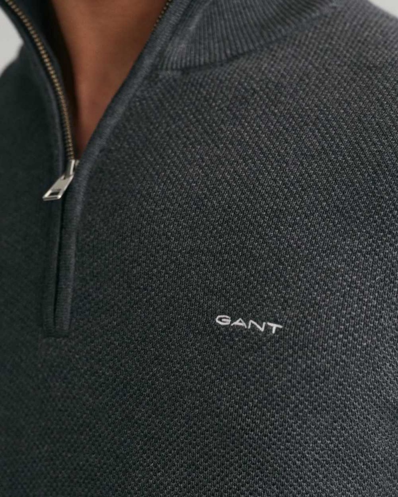 Gant Cotton Piqué Half-Zip Men's Sweater Dark Grey | IVMUY-3401