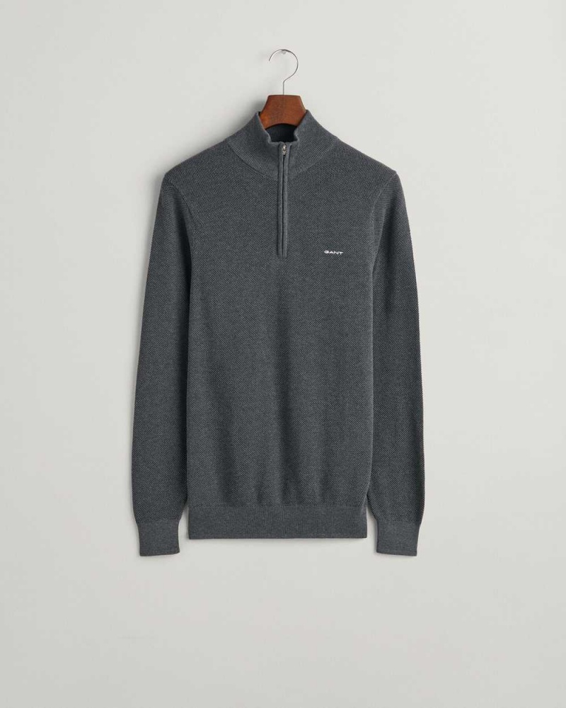 Gant Cotton Piqué Half-Zip Men's Sweater Dark Grey | IVMUY-3401