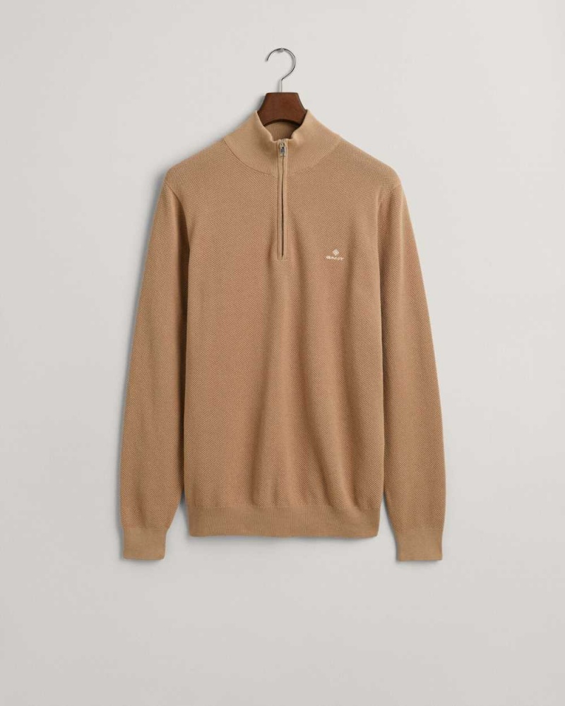 Gant Cotton Piqué Half-Zip Men's Sweater Dark Khaki | LKBET-4609