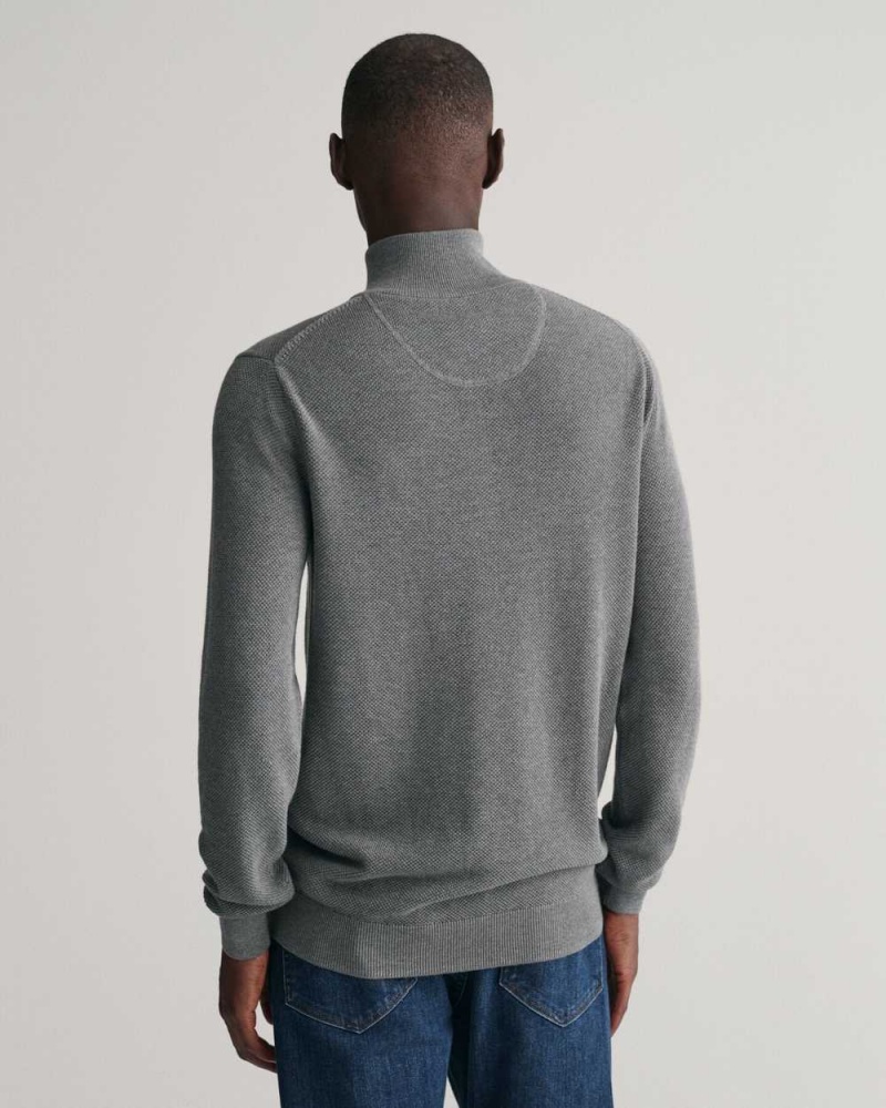 Gant Cotton Piqué Half-Zip Men's Sweater Dark Grey Melange | KBIFV-1835