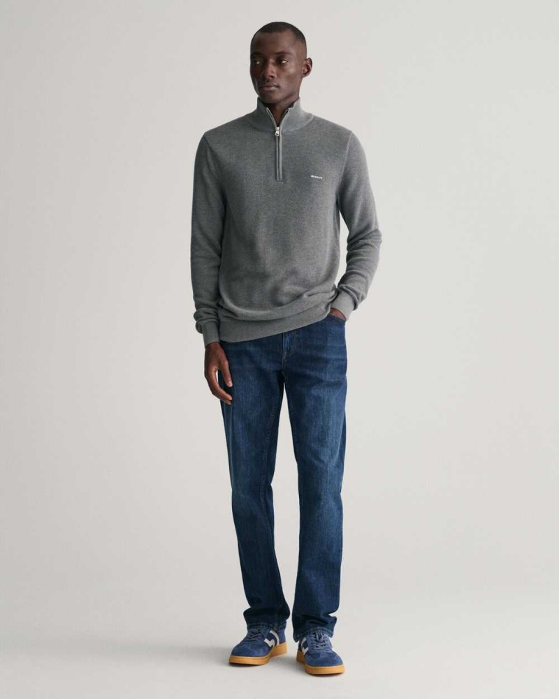 Gant Cotton Piqué Half-Zip Men's Sweater Dark Grey Melange | KBIFV-1835