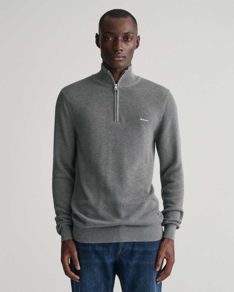 Gant Cotton Piqué Half-Zip Men\'s Sweater Dark Grey Melange | KBIFV-1835