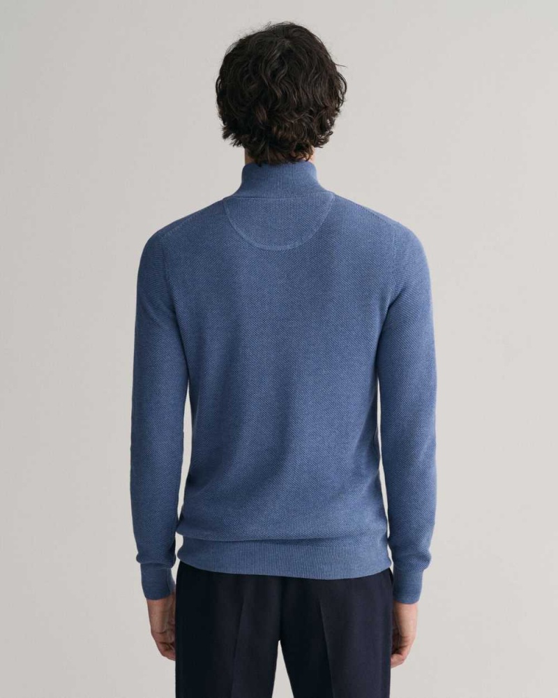 Gant Cotton Piqué Half-Zip Men's Sweater Denim Blue Melange | XEHQG-7208