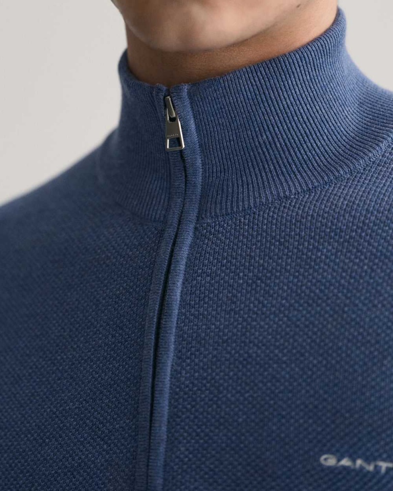 Gant Cotton Piqué Half-Zip Men's Sweater Denim Blue Melange | XEHQG-7208