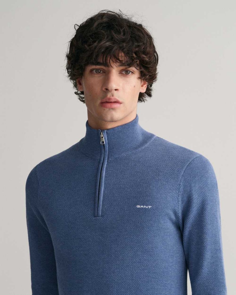 Gant Cotton Piqué Half-Zip Men's Sweater Denim Blue Melange | XEHQG-7208