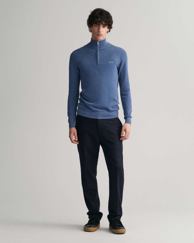 Gant Cotton Piqué Half-Zip Men's Sweater Denim Blue Melange | XEHQG-7208