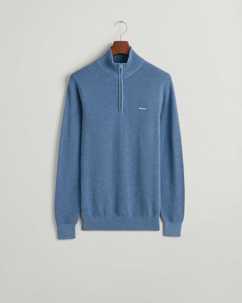 Gant Cotton Piqué Half-Zip Men's Sweater Denim Blue Melange | XEHQG-7208