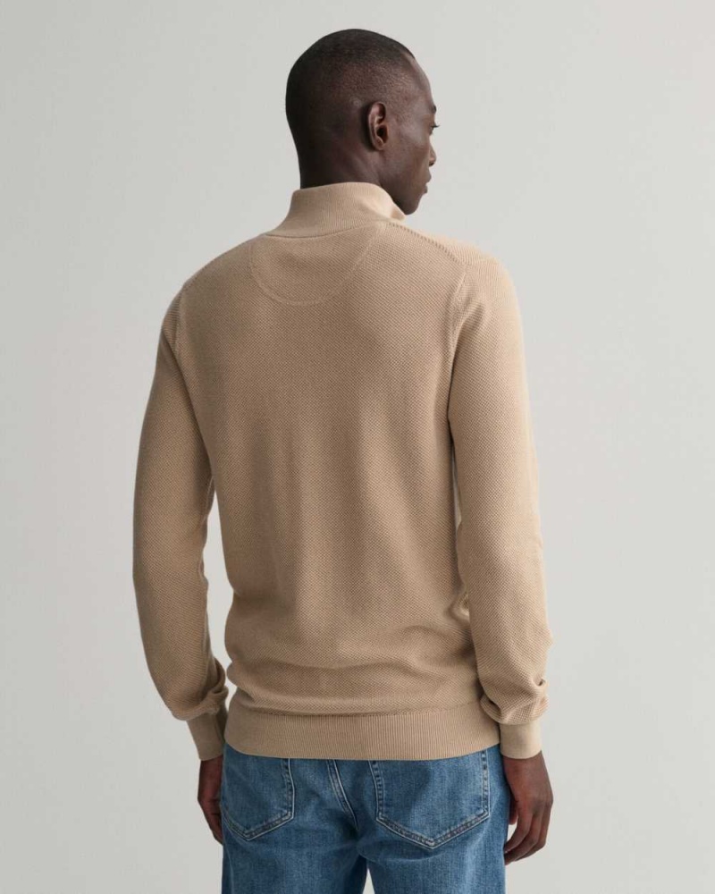 Gant Cotton Piqué Half-Zip Men's Sweater Dry Sand | YSTGA-6594