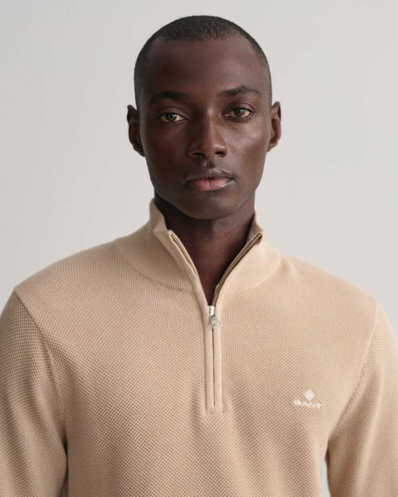 Gant Cotton Piqué Half-Zip Men's Sweater Dry Sand | YSTGA-6594