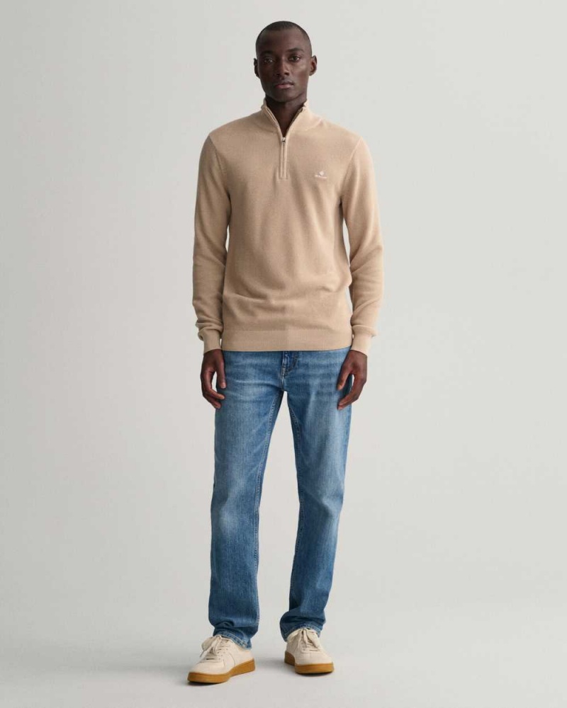 Gant Cotton Piqué Half-Zip Men's Sweater Dry Sand | YSTGA-6594