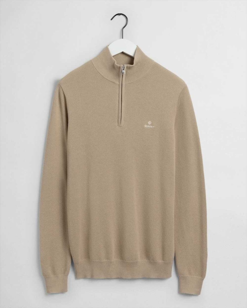 Gant Cotton Piqué Half-Zip Men's Sweater Dry Sand | YSTGA-6594