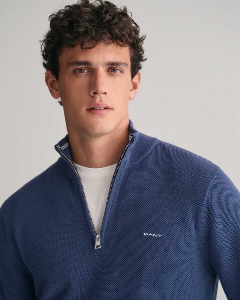 Gant Cotton Piqué Half-Zip Men's Sweater Dusty Blue Sea | PNIYR-3290