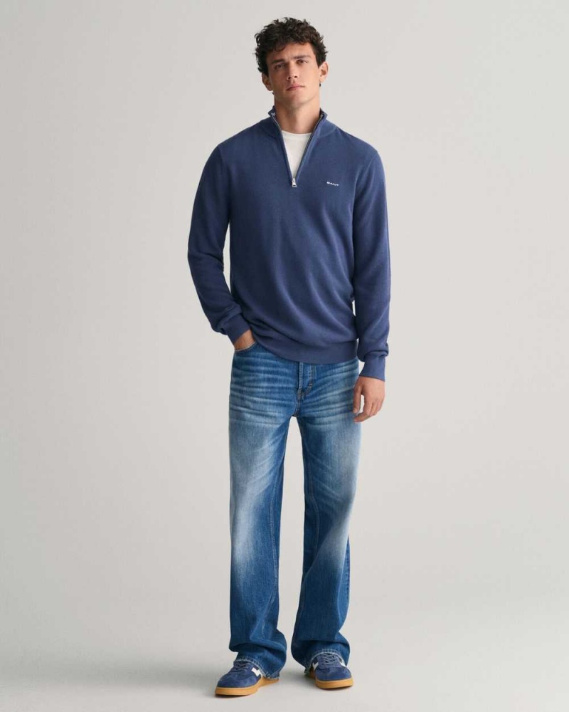 Gant Cotton Piqué Half-Zip Men's Sweater Dusty Blue Sea | PNIYR-3290