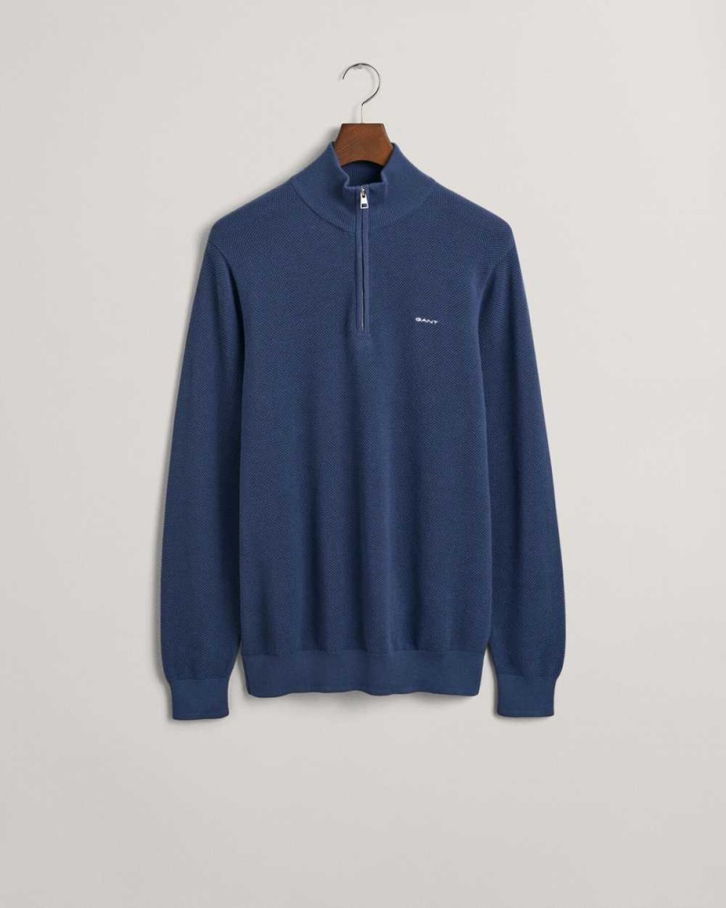 Gant Cotton Piqué Half-Zip Men's Sweater Dusty Blue Sea | PNIYR-3290