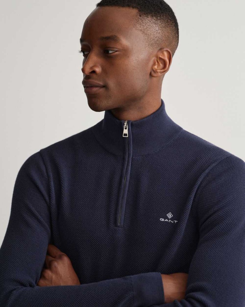 Gant Cotton Piqué Half-Zip Men's Sweater Evening Blue | FUTCN-8273