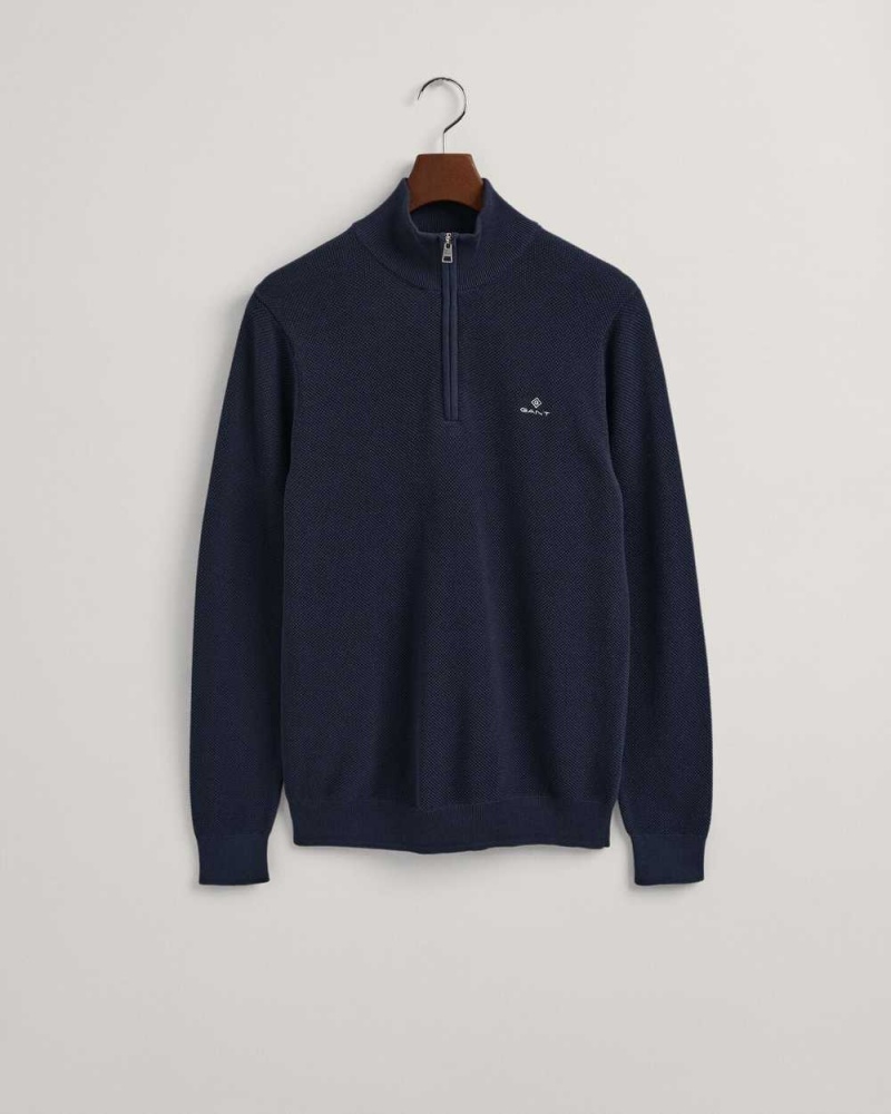 Gant Cotton Piqué Half-Zip Men's Sweater Evening Blue | FUTCN-8273