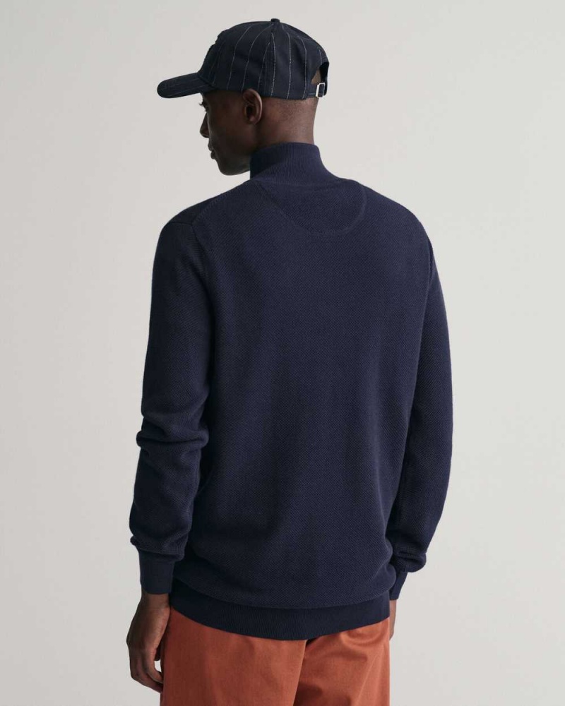 Gant Cotton Piqué Half-Zip Men's Sweater Evening Blue | TLVAJ-0748