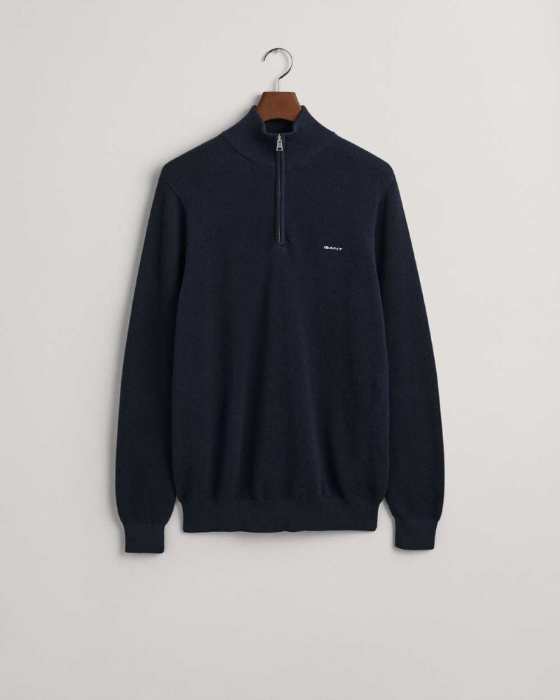 Gant Cotton Piqué Half-Zip Men's Sweater Evening Blue | TLVAJ-0748